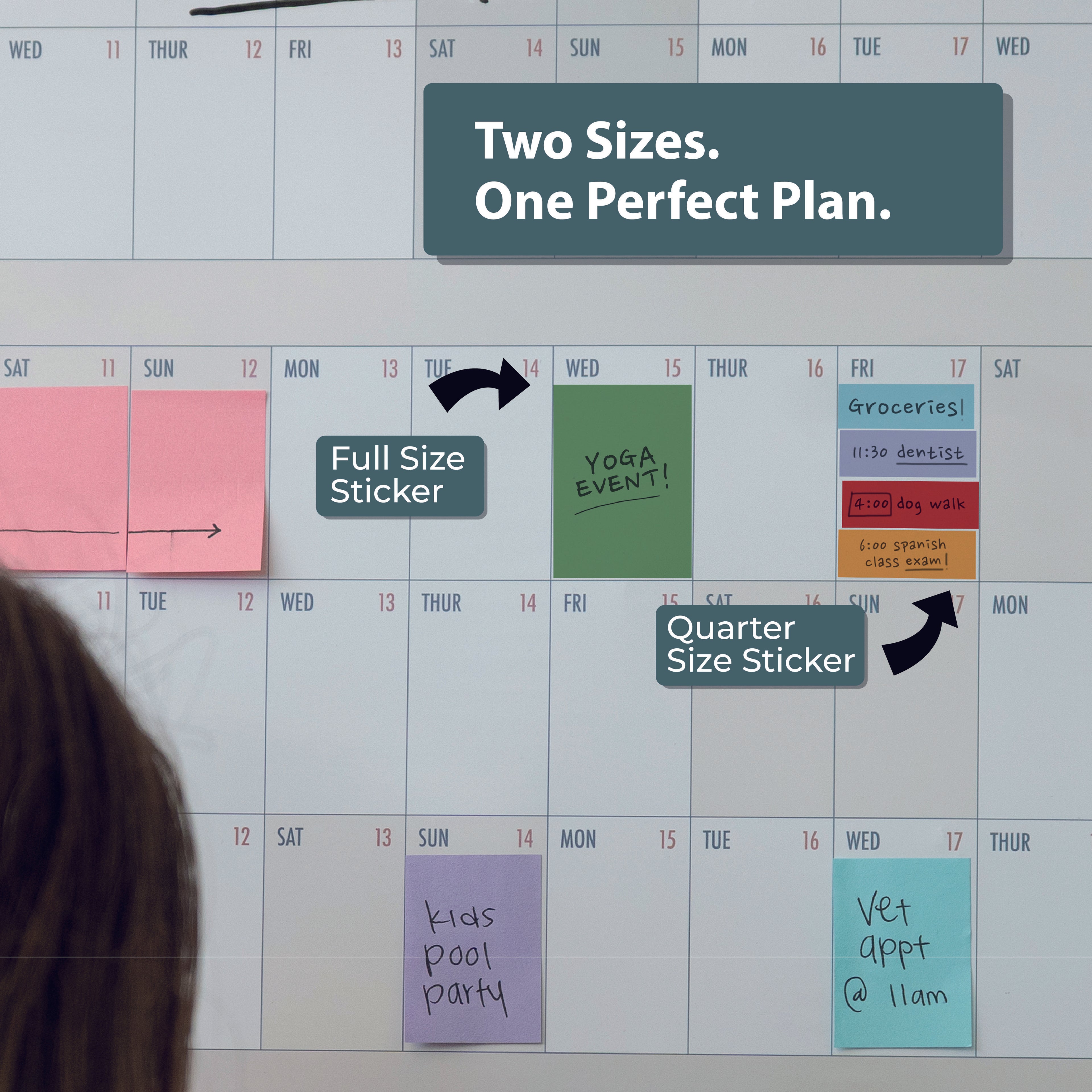 The Eterna Goods Planning Block Stickers come in full and quarter sizes, labeled for easy use, with the tagline “Two Sizes. One Perfect Plan.” Ideal for organizing any wall calendar with Solid Color Sticker Packs.