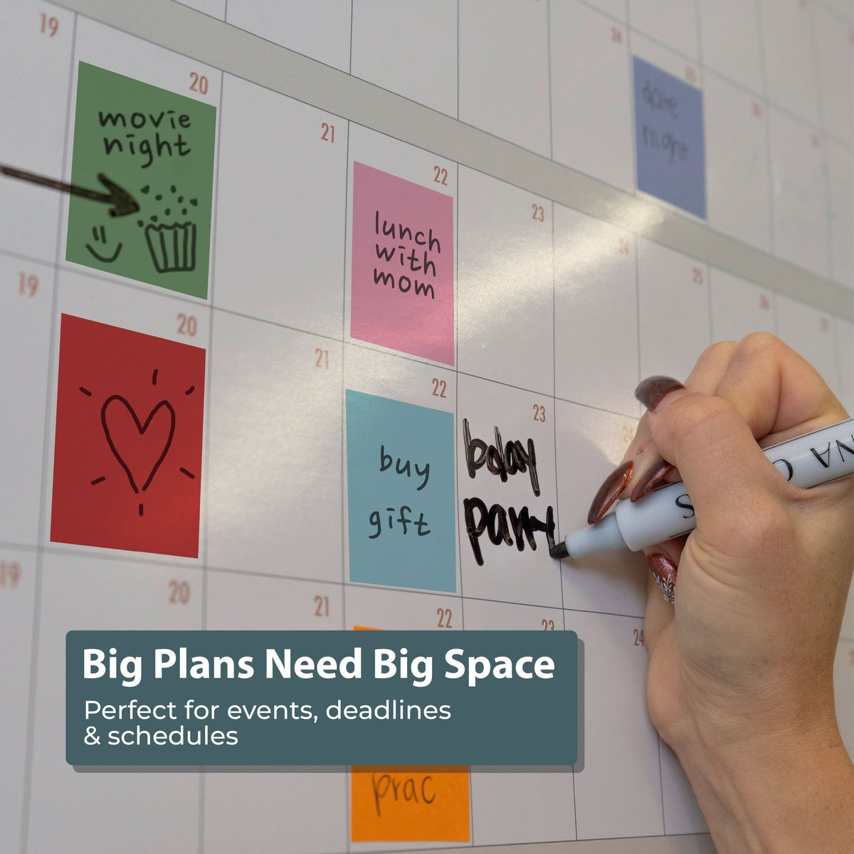 A hand writes "baby part" on a large wall calendar filled with Planning Block Stickers from Eterna Goods—ideal for events, deadlines, and color-coded planning. Text overlay: "Big Plans Need Big Space.