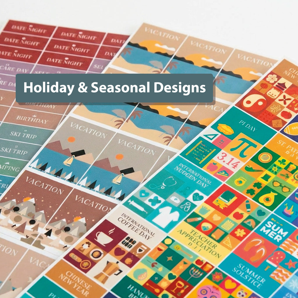 Eterna Goods' Holiday Sticker Pack features sheets of vibrant holiday and seasonal stickers, arranged with a central "Holiday & Seasonal Designs" label.