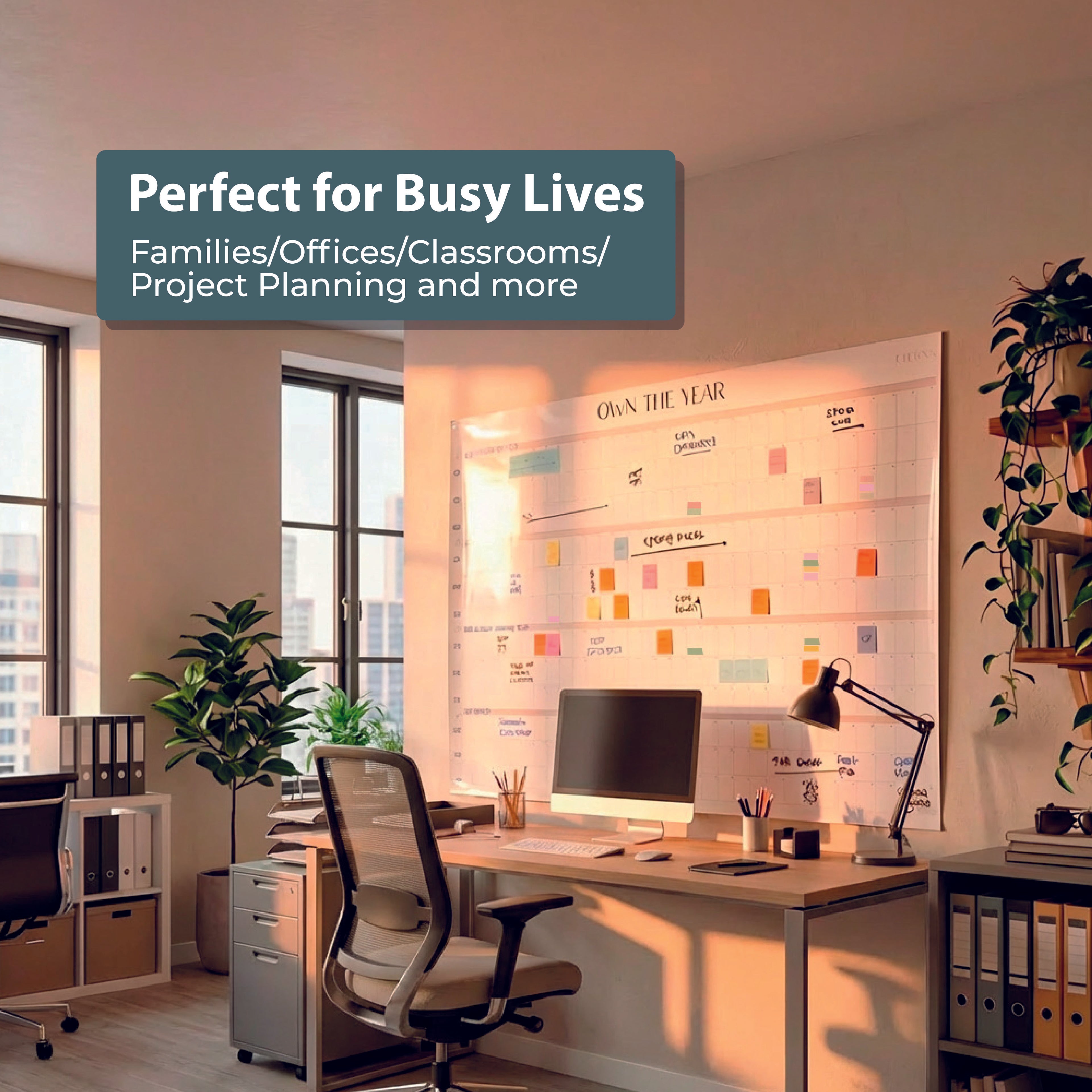 A modern office with a computer, chair, and neat shelves features a large wall planner enhanced by Eterna Goods Planning Block Stickers for color-coded organization. Text overlay: "Perfect for Busy Lives.