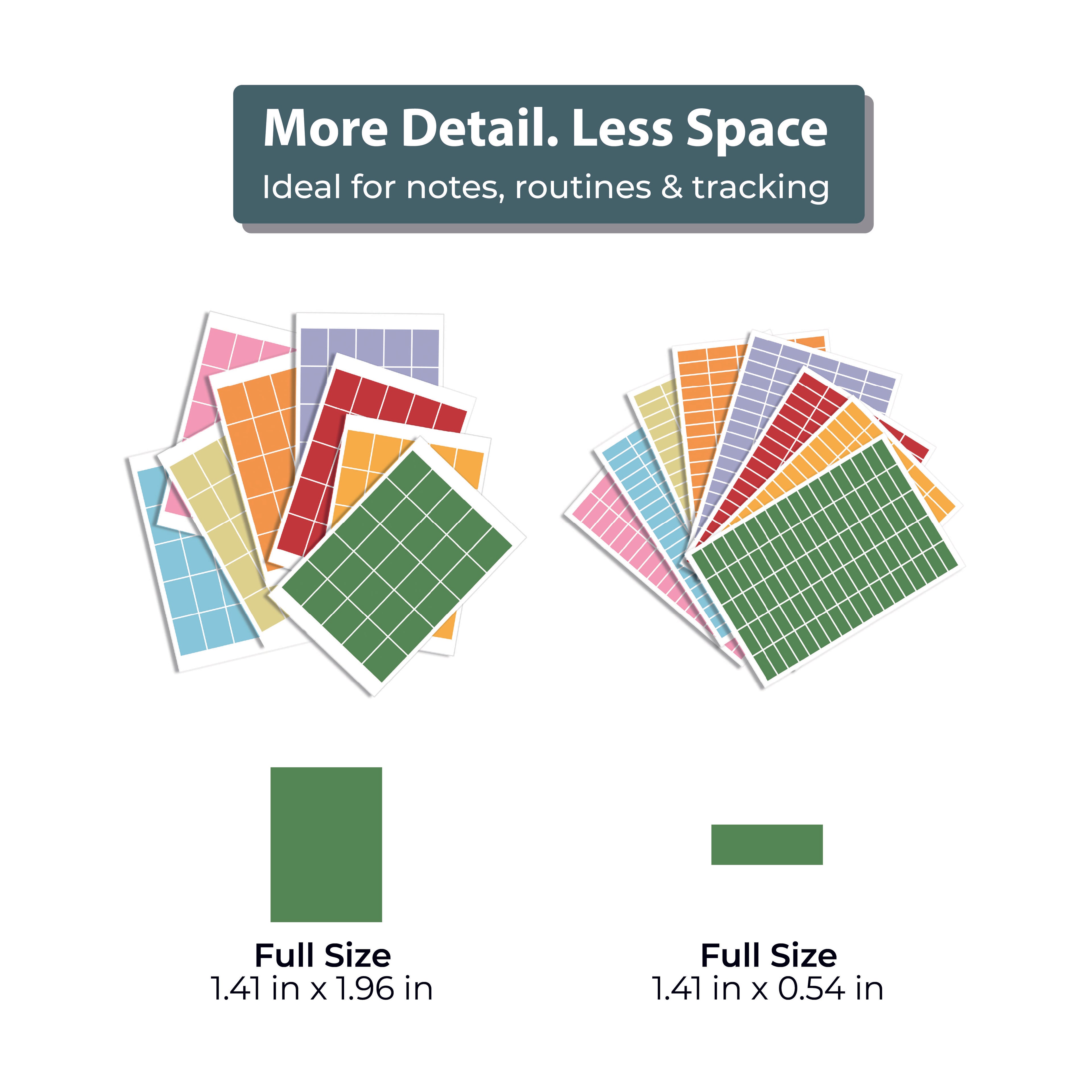 Two stacks of Eterna Goods Planning Block Stickers are shown: "Full Size" (1.41" x 1.96") and "Small Size" (1.41" x 0.54"), perfect for notes, routines, tracking, or color-coded planning with calendar stickers.