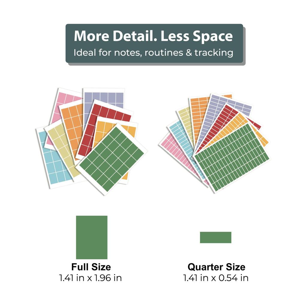 Two stacks of colorful sticker sheets, labeled as full size and quarter size, with their respective dimensions shown below each stack. Text above highlights detail and space efficiency—perfect for enhancing your Eterna Goods Ultimate Undated Own The Year Calendar Bundle or any dry erase wall calendar planning system.