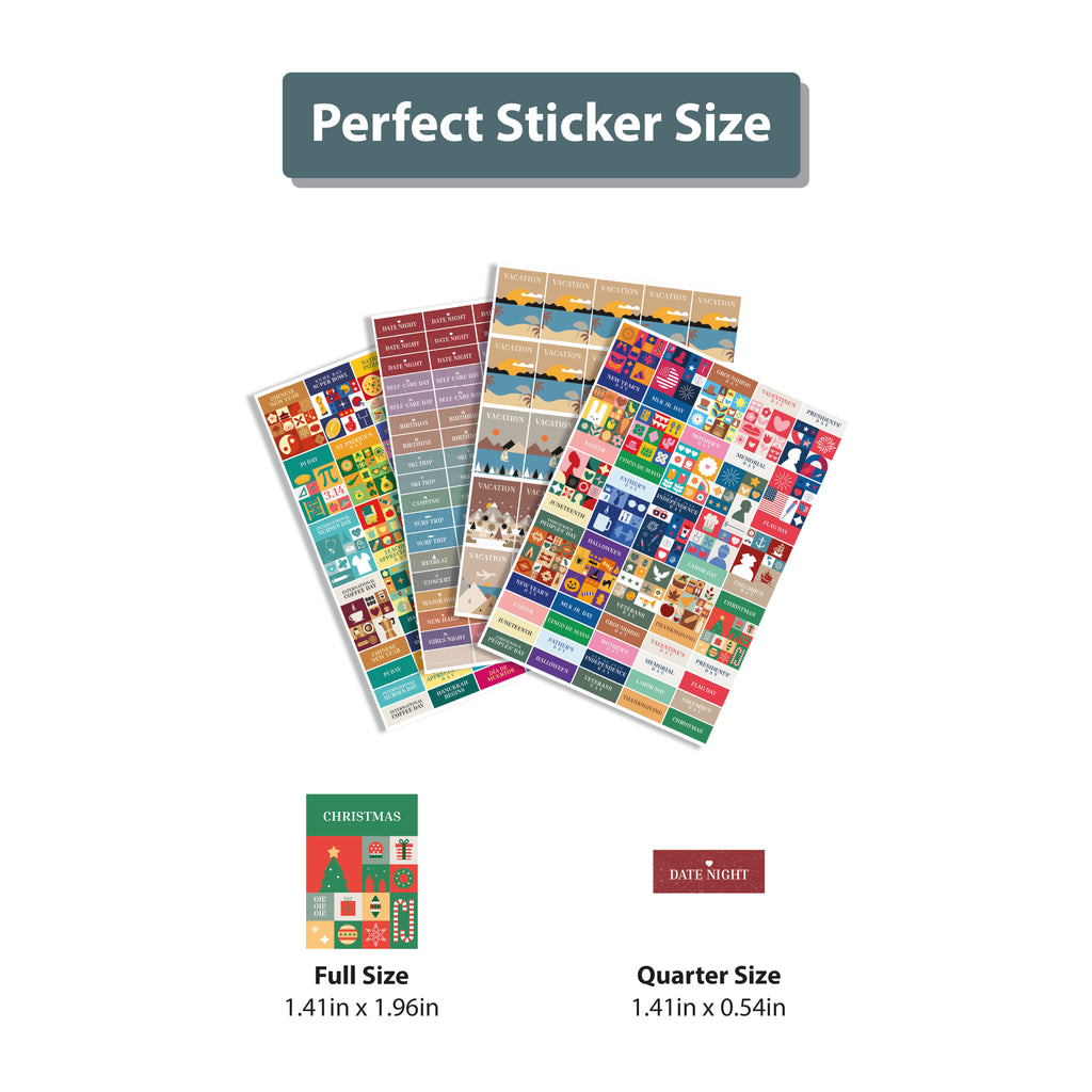 Five vibrant sheets from the Eterna Goods Holiday Sticker Pack are displayed in a fan layout, perfect for calendars. Labels show "Full Size" (1.41in x 1.96in) and "Quarter Size" (1.41in x 0.54in) stickers below the sheets.