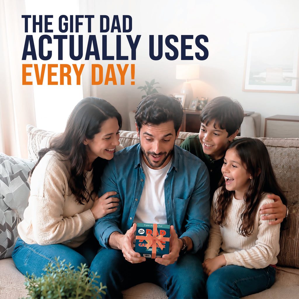 A man sits on a couch with a woman and two children, holding a wrapped gift. Text reads: "The gift dad actually uses every day!"—because nothing brings family-friendly humor to your home quite like the 2027 Daily Dad Joke Calendar from That Is So Dad.