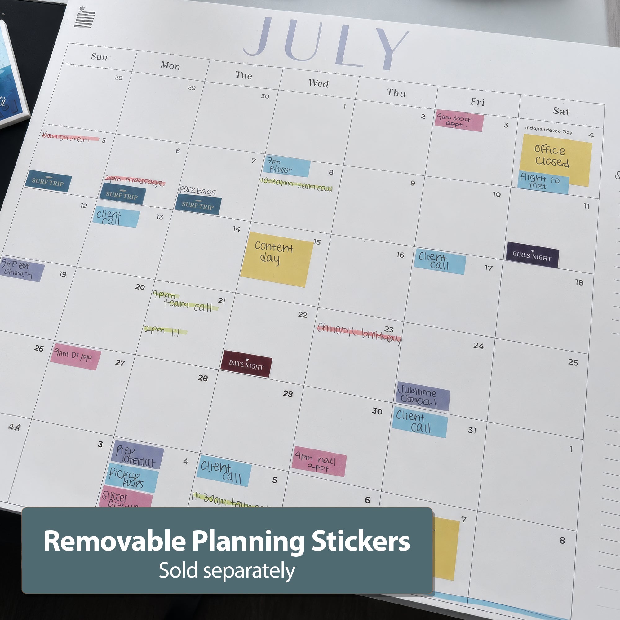 The Eterna Goods 2026-2027 18-Month Flat Desk Calendar (22"x17") features colorful removable planning stickers for events, reminders, and appointments. Stickers are sold separately. Perfect for planners or calendar users.