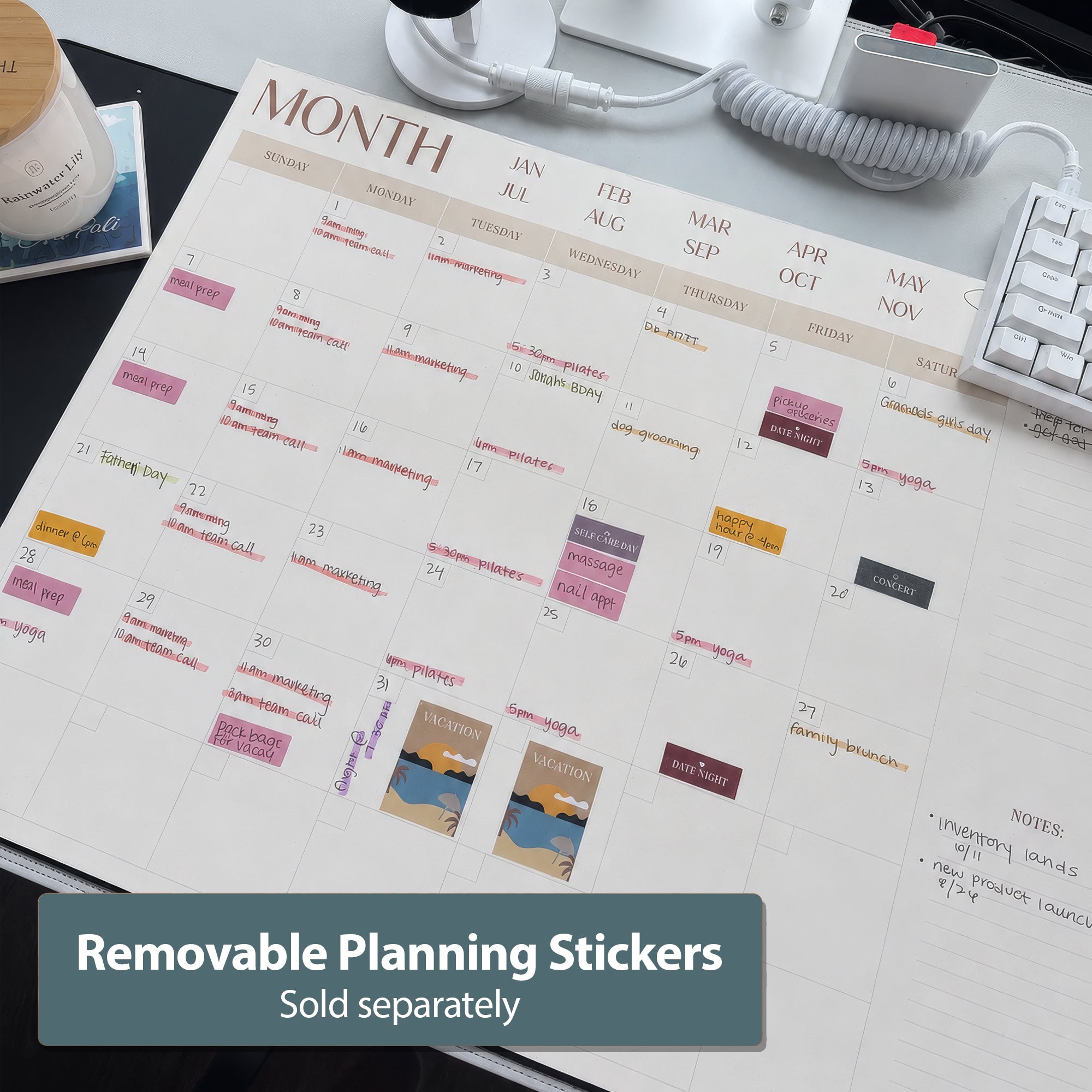 The Eterna Goods Undated 12-Month Flat Desk Calendar (22" x 17") helps you stay organized; colorful planning stickers for events are available separately. Fits perfectly on your desk alongside a keyboard, pen, and drink.
