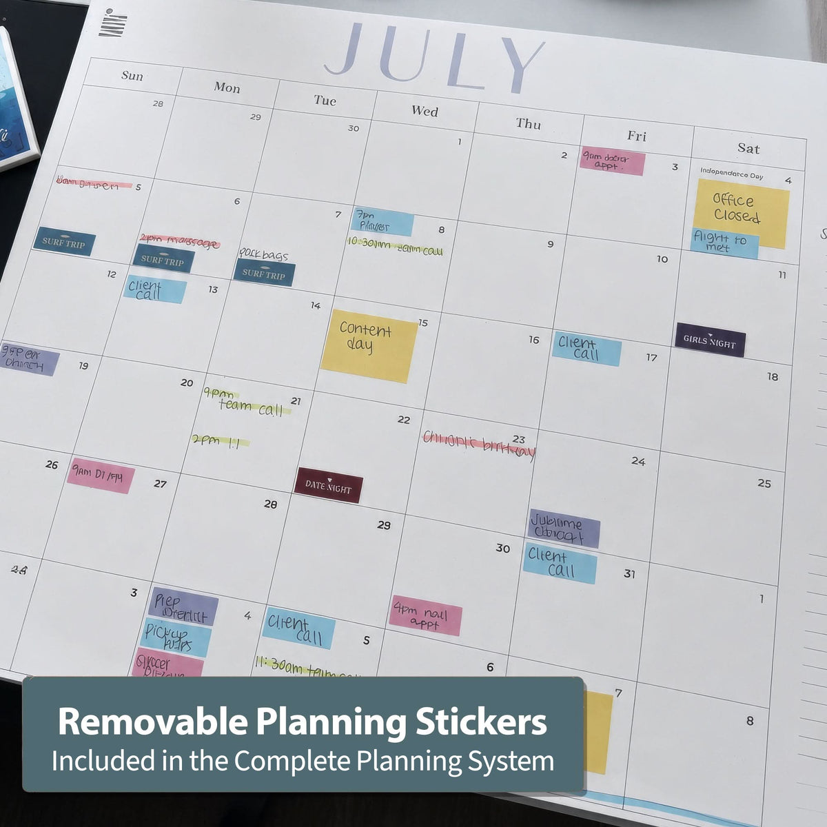 The Eterna Goods 2026-2027 18-Month Flat Desk Calendar (22"x17") features colorful removable planning stickers, included in the Complete Planning System, for events, reminders, and appointments. Perfect for planners or calendar users.