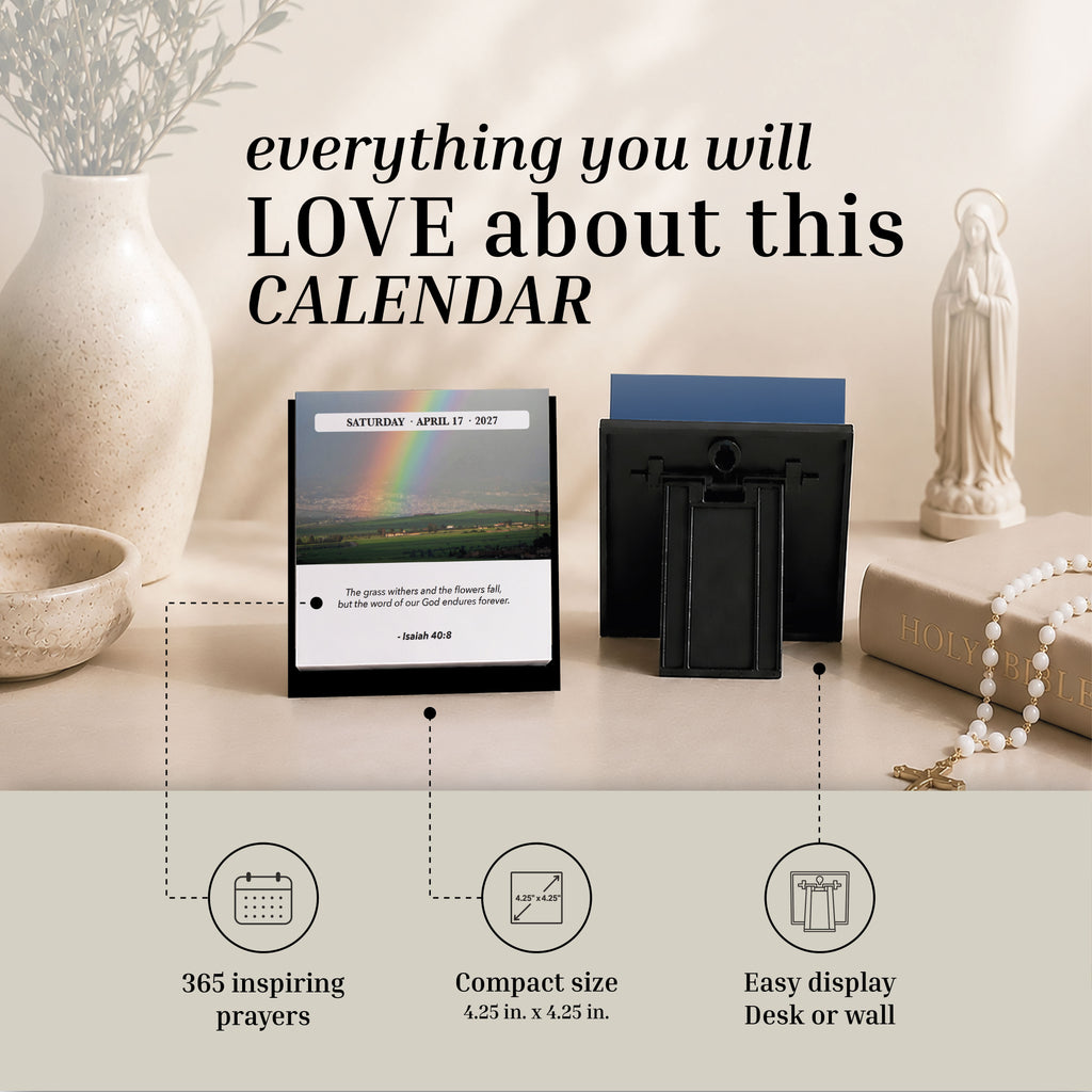 The 2027 Verse A Day Calendar by Hannah Faith is displayed from the front and back beside a vase, book, and rosary. Features highlighted in the text include daily inspirational Bible verses, uplifting prayers for spiritual growth, and a compact design perfect for any space.