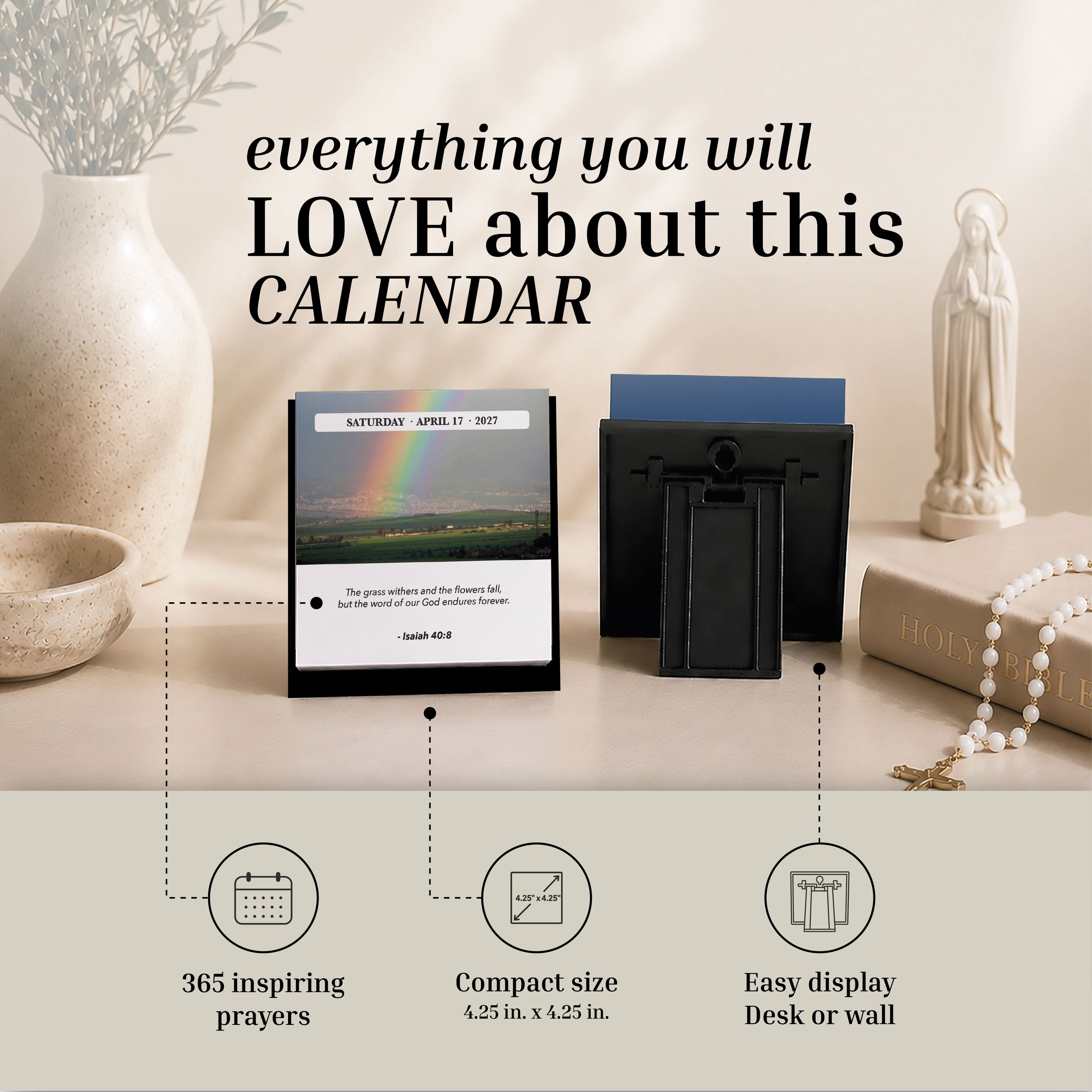 The 2027 Verse A Day Calendar by Hannah Faith is displayed from the front and back beside a vase, book, and rosary. Features highlighted in the text include daily inspirational Bible verses, uplifting prayers for spiritual growth, and a compact design perfect for any space.