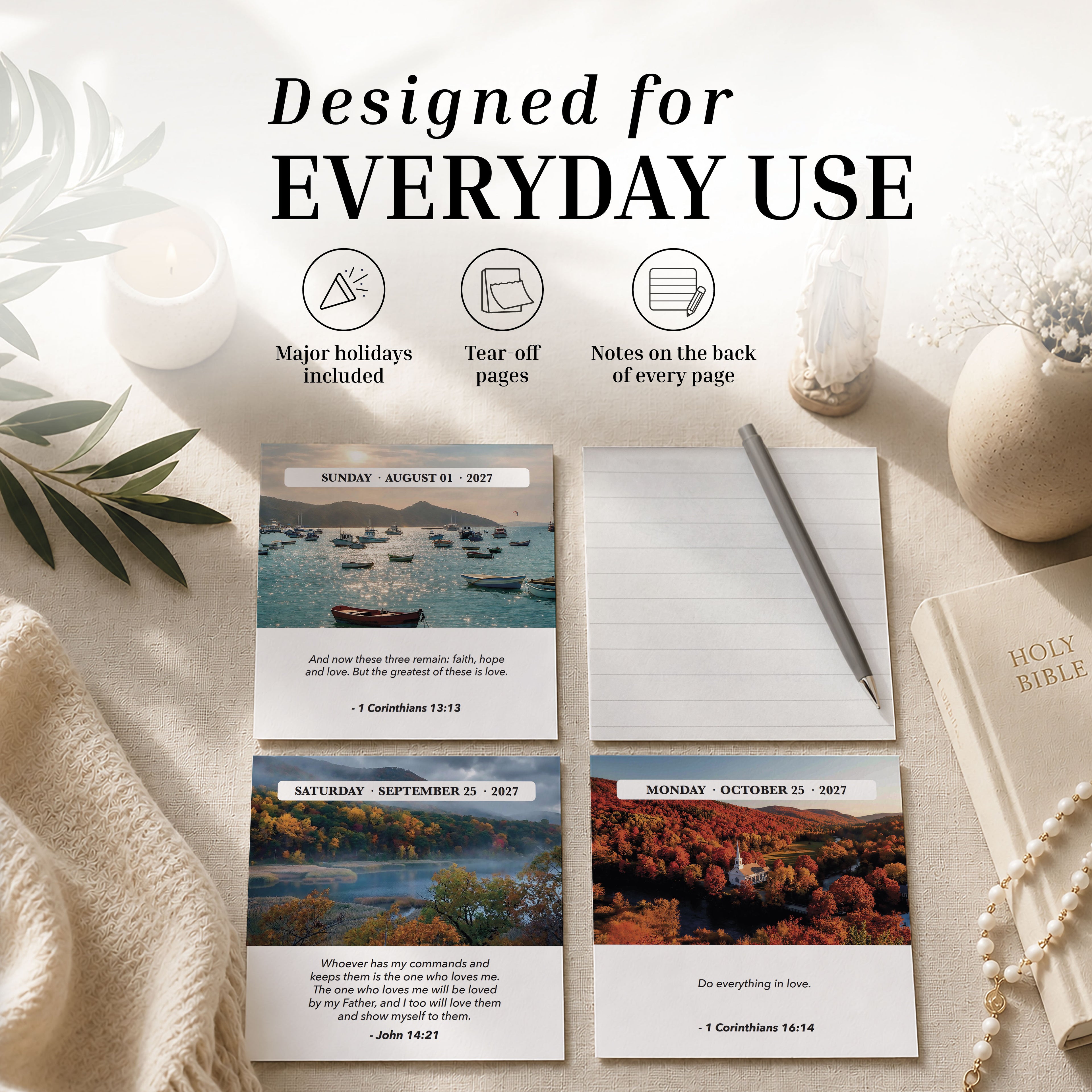 Brighten each day in 2027 with the Hannah Faith 2027 Verse A Day Calendar, featuring four daily tear-off pages with inspirational Bible verses, lined notes on the back, and a Bible displayed on a table. Sunlight and flowers adorn the scene as major holidays are highlighted—perfect for enhancing your spiritual growth throughout the year.