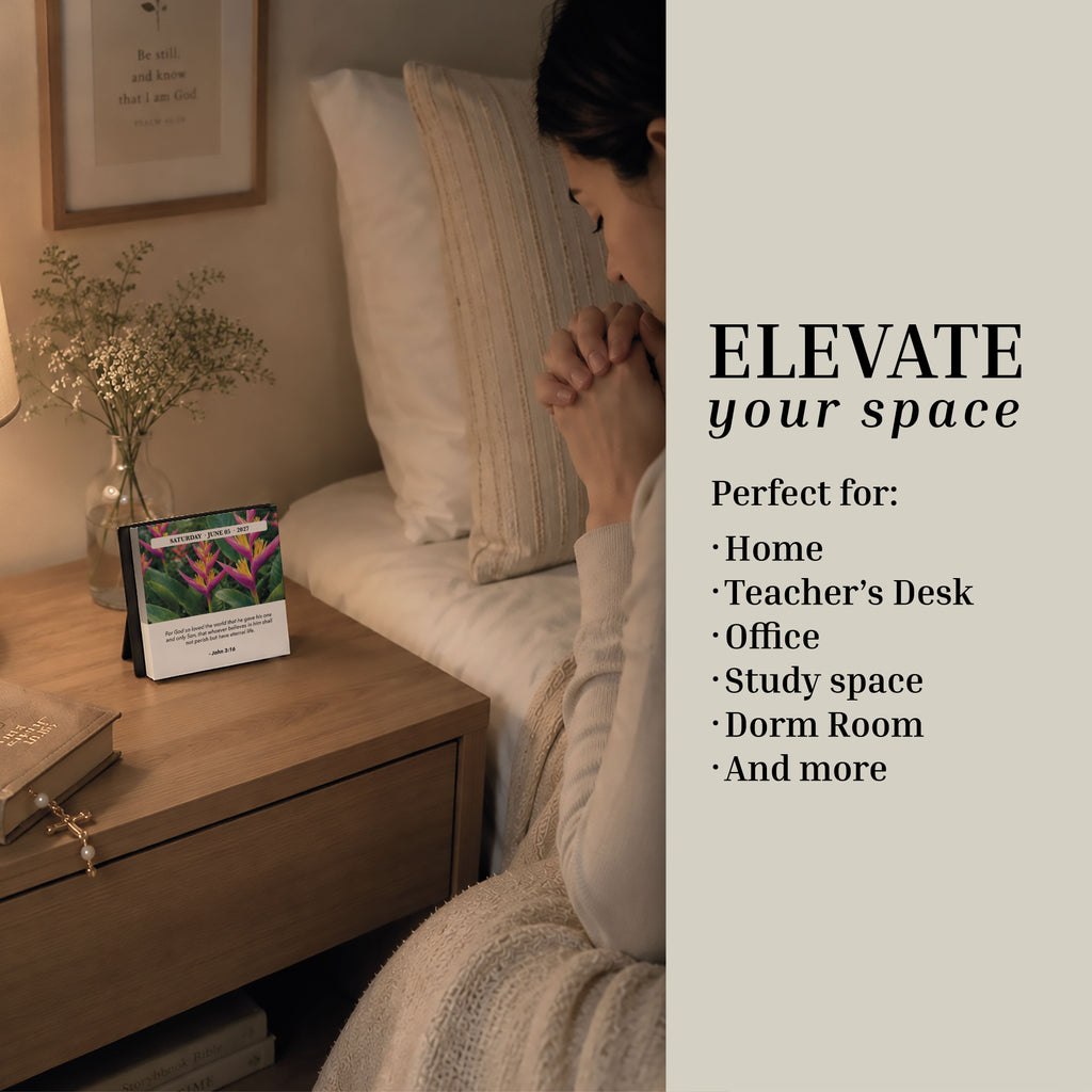 A woman sits in bed with hands clasped, gazing at the 2027 Verse A Day Calendar by Hannah Faith on her nightstand. Text reads: "ELEVATE your space" and suggests versatile placement—in your home, office, or study—for daily inspirational Bible verses designed to nurture spiritual growth.