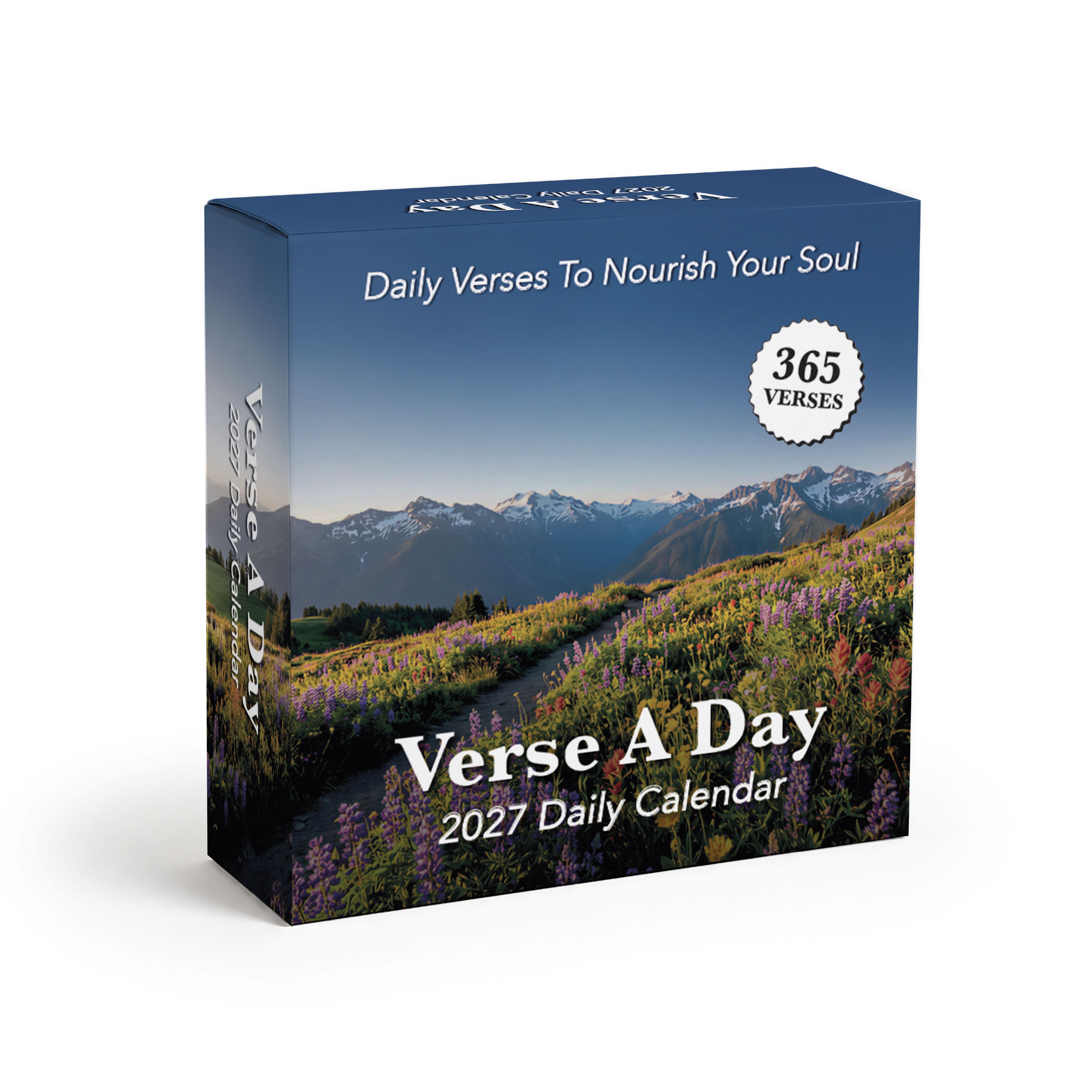 A 2026 desk calendar titled "Verse A Day" by Hannah Faith, featuring 365 daily inspirational Bible verses and a mountain landscape with wildflowers on the cover—perfect for faith encouragement throughout the year.