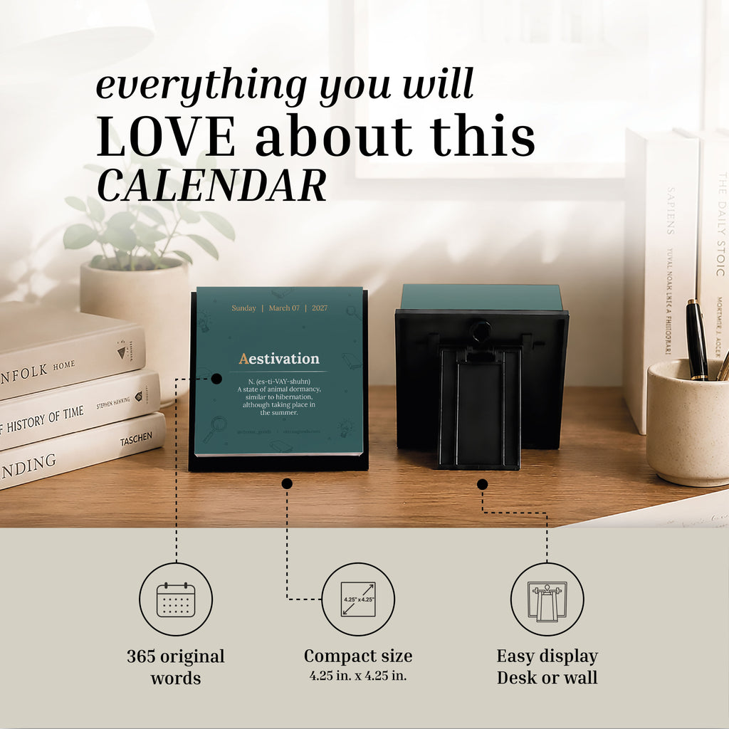 The Eterna Goods 2027 Word Of The Day Calendar is displayed on a desk with the front showing a page and the back revealing its sturdy stand; features highlighted include 365 original words, a compact design, and versatile options for desk or wall display.