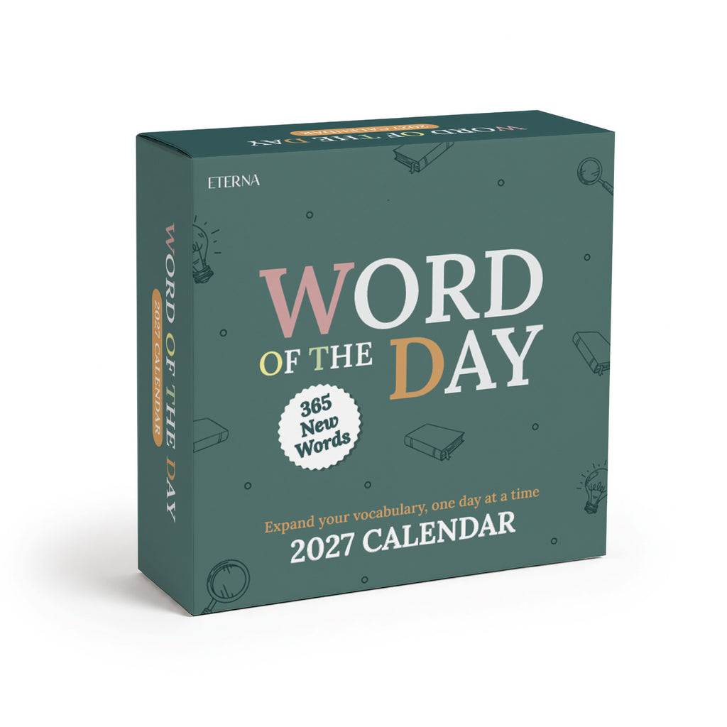 Eterna Goods’ 2027 Word Of The Day Calendar features a vibrant green cover with white, pink, and yellow text, delivering 365 new words to expand your vocabulary daily—making it the ideal vocabulary calendar for language enthusiasts.