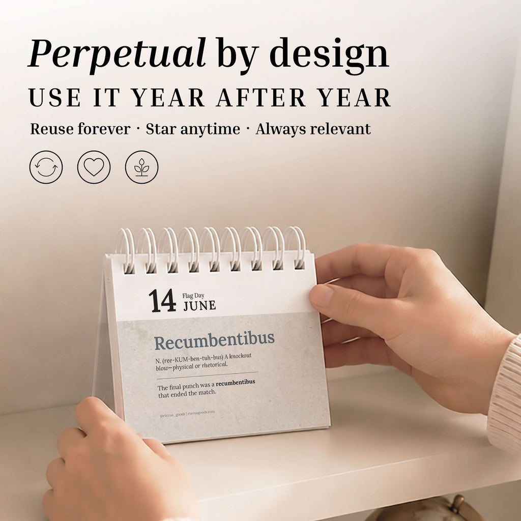 A person flips Eterna Goods’ Perpetual Word of the Day Calendar to June 14, revealing the word "Recumbentibus" and its description; accompanying icons and text emphasize its reusable, timeless design as a distinctive vocabulary-building calendar.