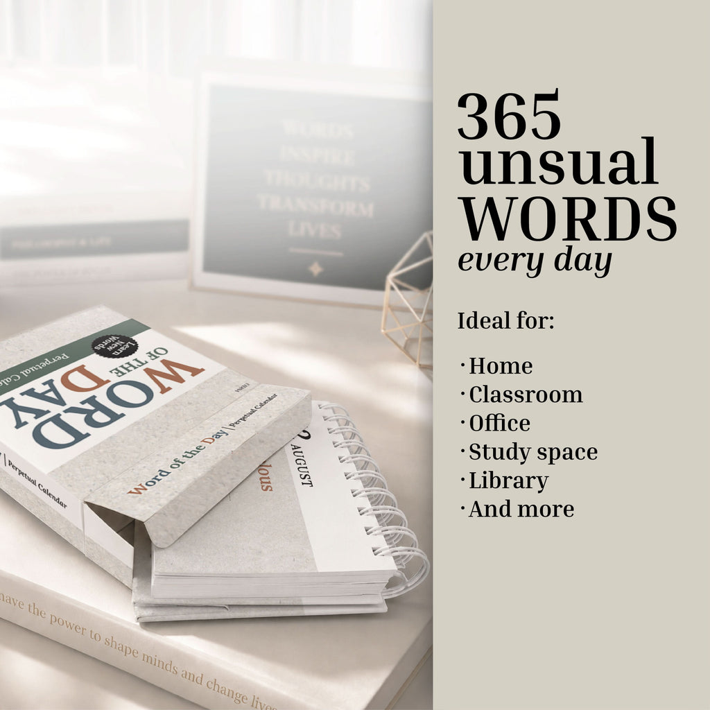 The Eterna Goods Perpetual Word of the Day Calendar, a spiral-bound vocabulary builder, sits on a desk near a framed quote. Perfect for your home, classroom, office, study space, or library, this calendar from Eterna Goods provides inspiration and learning throughout the year.