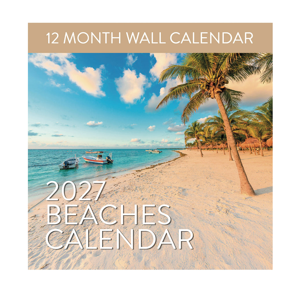 Cover of the 2027 Beaches Wall Calendar by Eterna Goods, showcasing breathtaking beach photography with palm trees, boats on vibrant blue water, pristine white sand, and a partly cloudy sky. The text reads "12 Month Wall Calendar" and "2027 Beaches Wall Calendar.