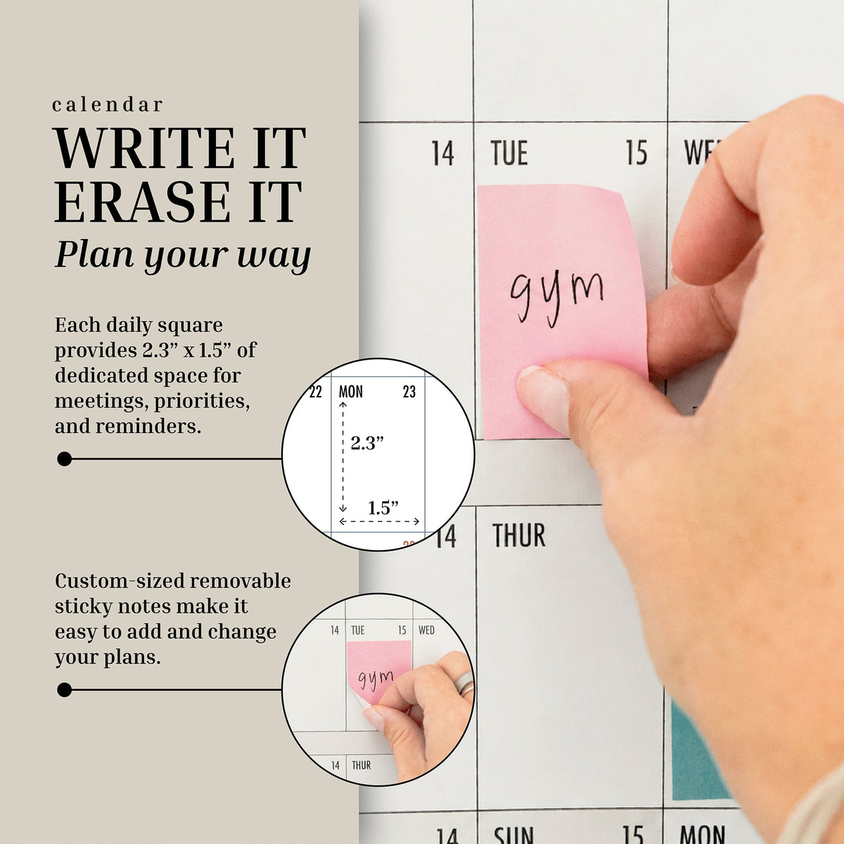Hand placing a sticky note on the Dated Own The Year Calendar, showing 2.3 x 1.5 inch daily squares