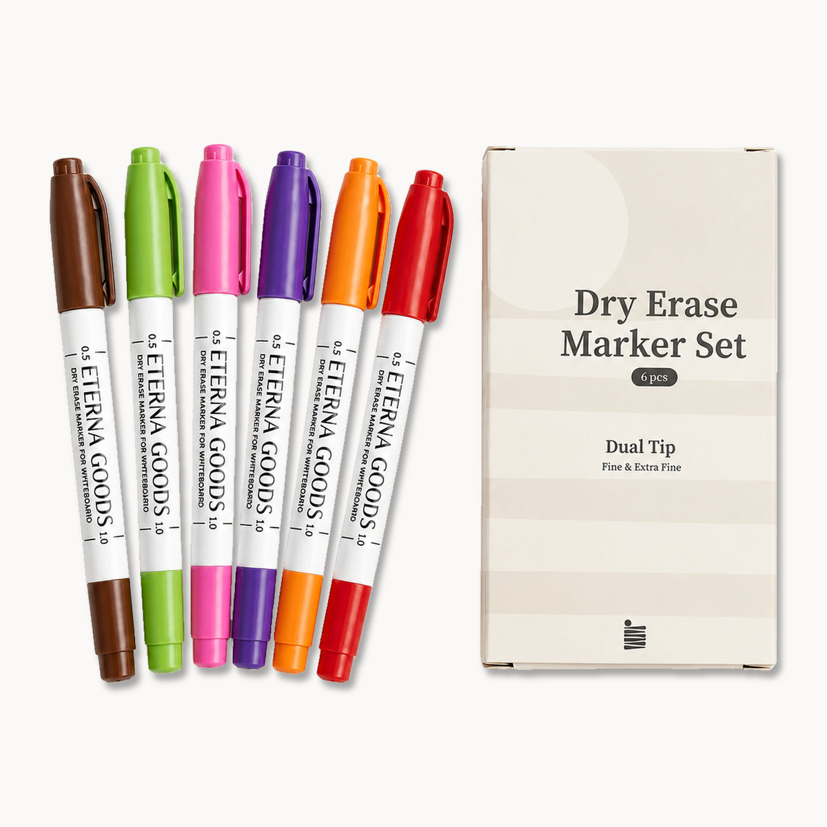 Six vibrant dual-tip dry erase markers, each equipped with a fine tip for precise writing, are arranged beside a white box labeled “Fine Tip Dry Erase Marker Set, 6 pcs, Dual Tip, Fine & Extra Fine” from Eterna Goods.