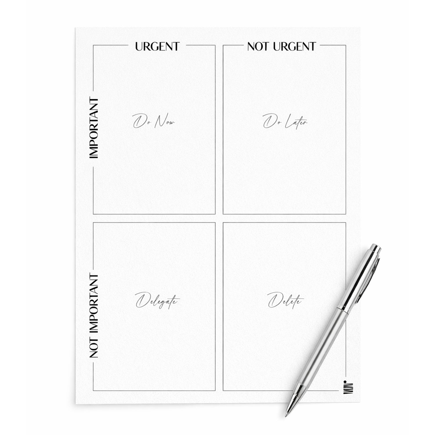 The Eisenhower Matrix - Printable Download by Eterna Goods features four labeled quadrants and comes with a pen on the lower right corner—perfect for effective decision-making.