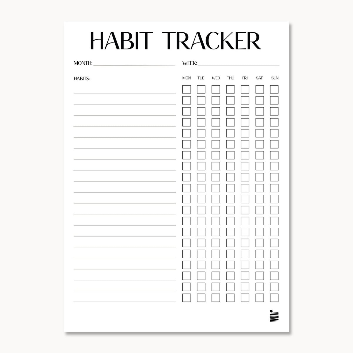 The Habit Tracker - Printable File by Eterna Goods is a free sheet with columns for habits, daily checkboxes, and "HABIT TRACKER" at the top—perfect for organizing your routines.