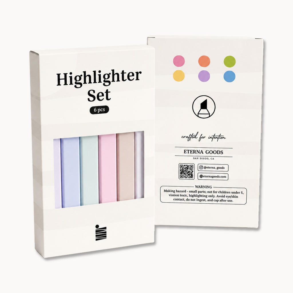 Two white boxes labeled “Highlighter Set” by Eterna Goods—one facing front to display six pastel chisel tip highlighters with low-bleed ink, and the other turned to show the back featuring colored dots, Eterna Goods branding, and product information.