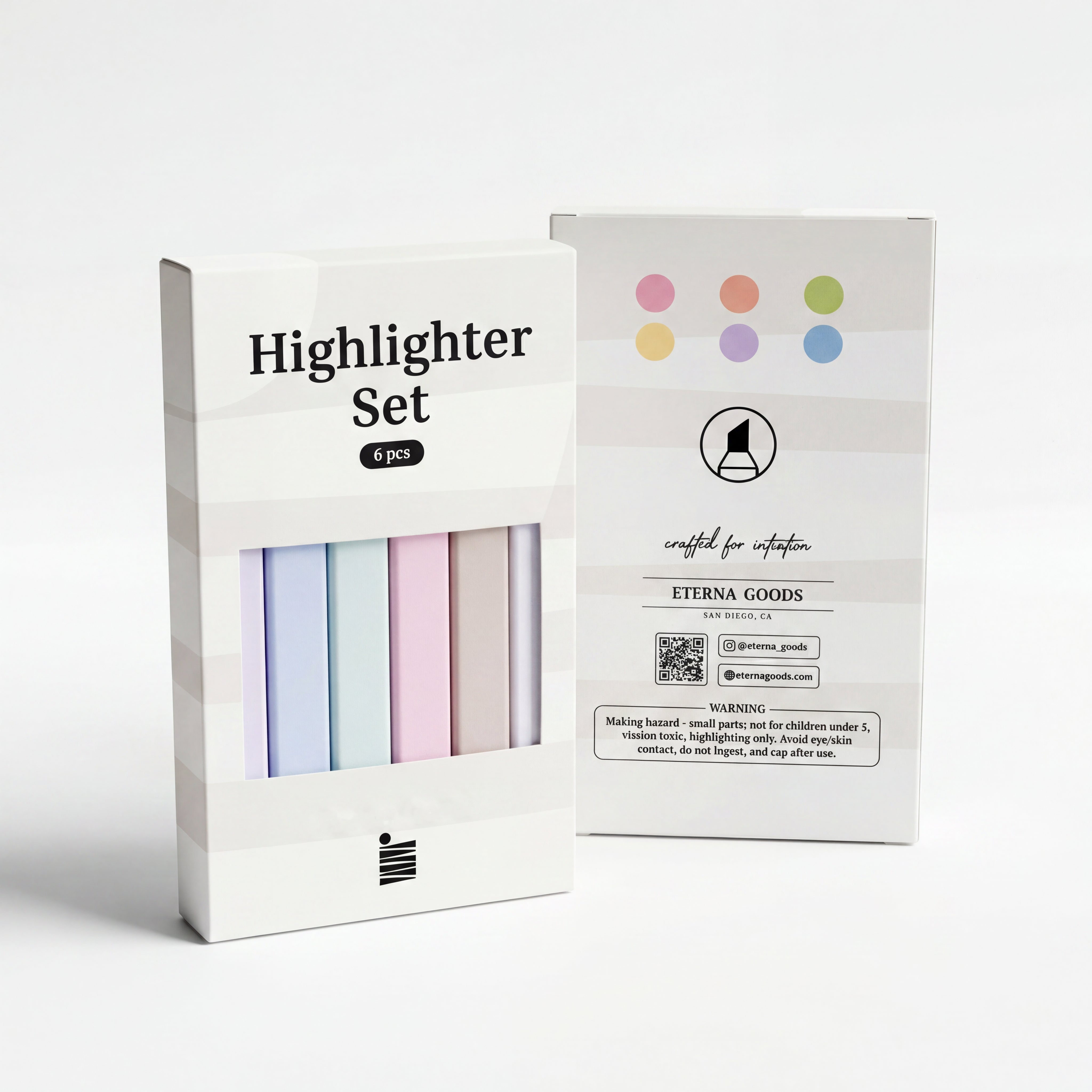 The Eterna Goods Highlighter Set includes six pastel highlighters for easy color-coding, packaged in a white box marked "Highlighter Set," shown next to the packaging back with product details and icons.