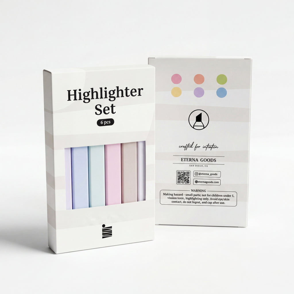 The Eterna Goods Highlighter Set includes six pastel highlighters for easy color-coding, packaged in a white box marked "Highlighter Set," shown next to the packaging back with product details and icons.