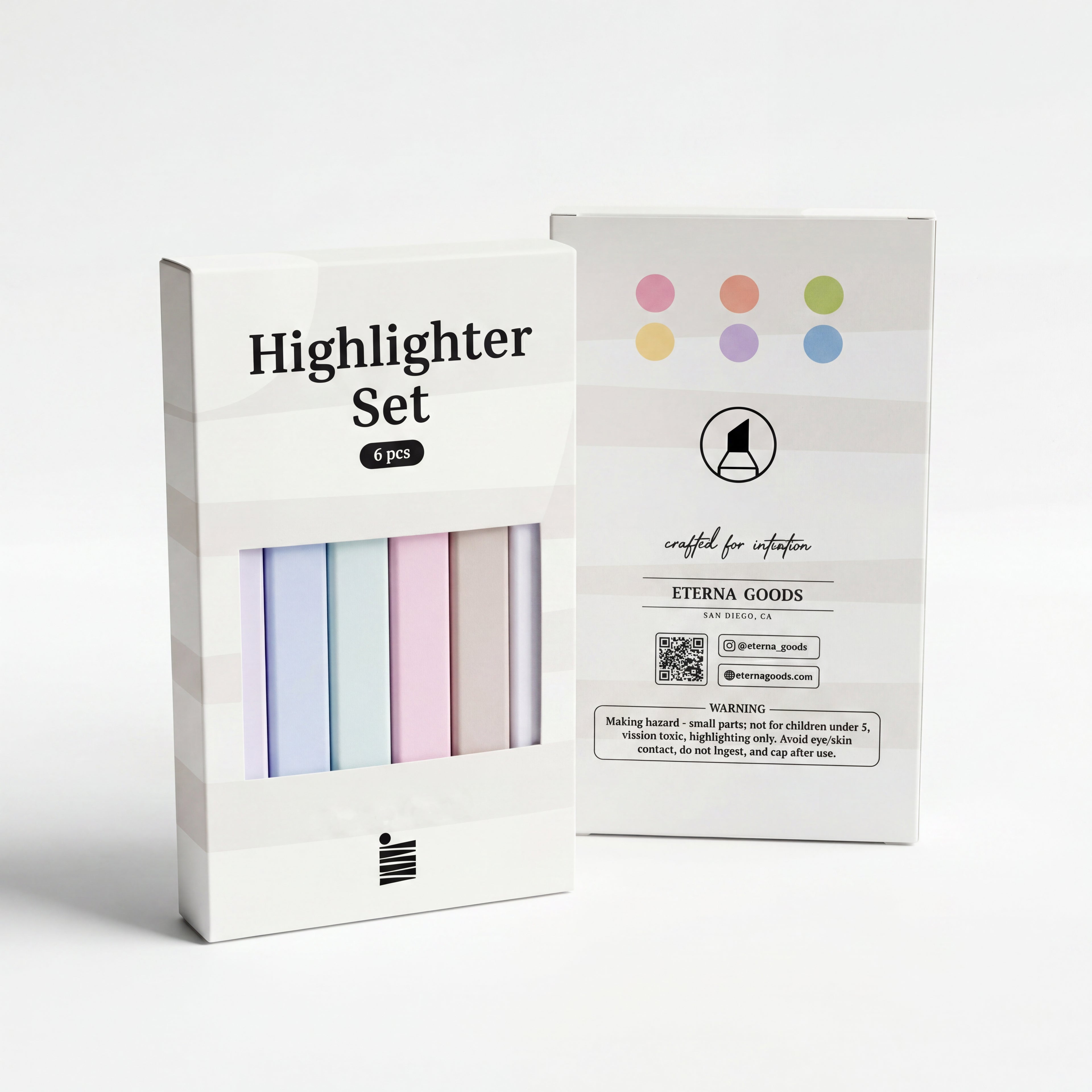 The Eterna Goods Highlighter Set includes six pastel highlighters for easy color-coding, packaged in a white box marked "Highlighter Set," shown next to the packaging back with product details and icons.