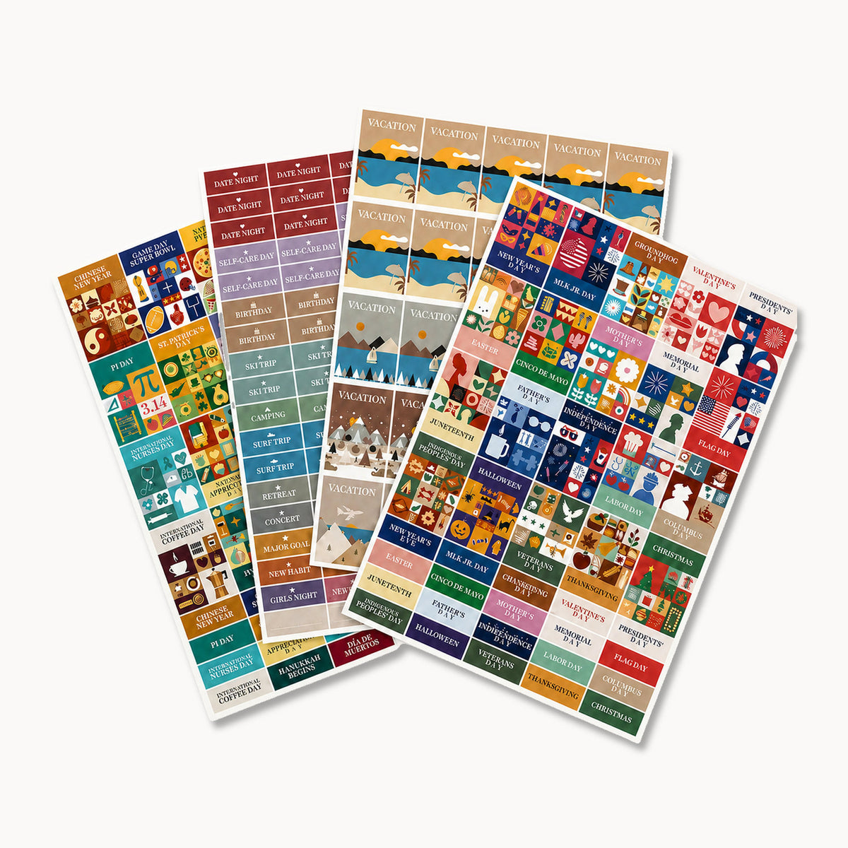 Four sheets of colorful, rectangular planner stickers from Eterna Goods’ Holiday Sticker Pack feature icons and labels for holidays, events, activities, and reminders, all arranged in neat rows on a white background. This vibrant set is perfect for anyone looking to brighten up their calendar with festive and functional stickers.