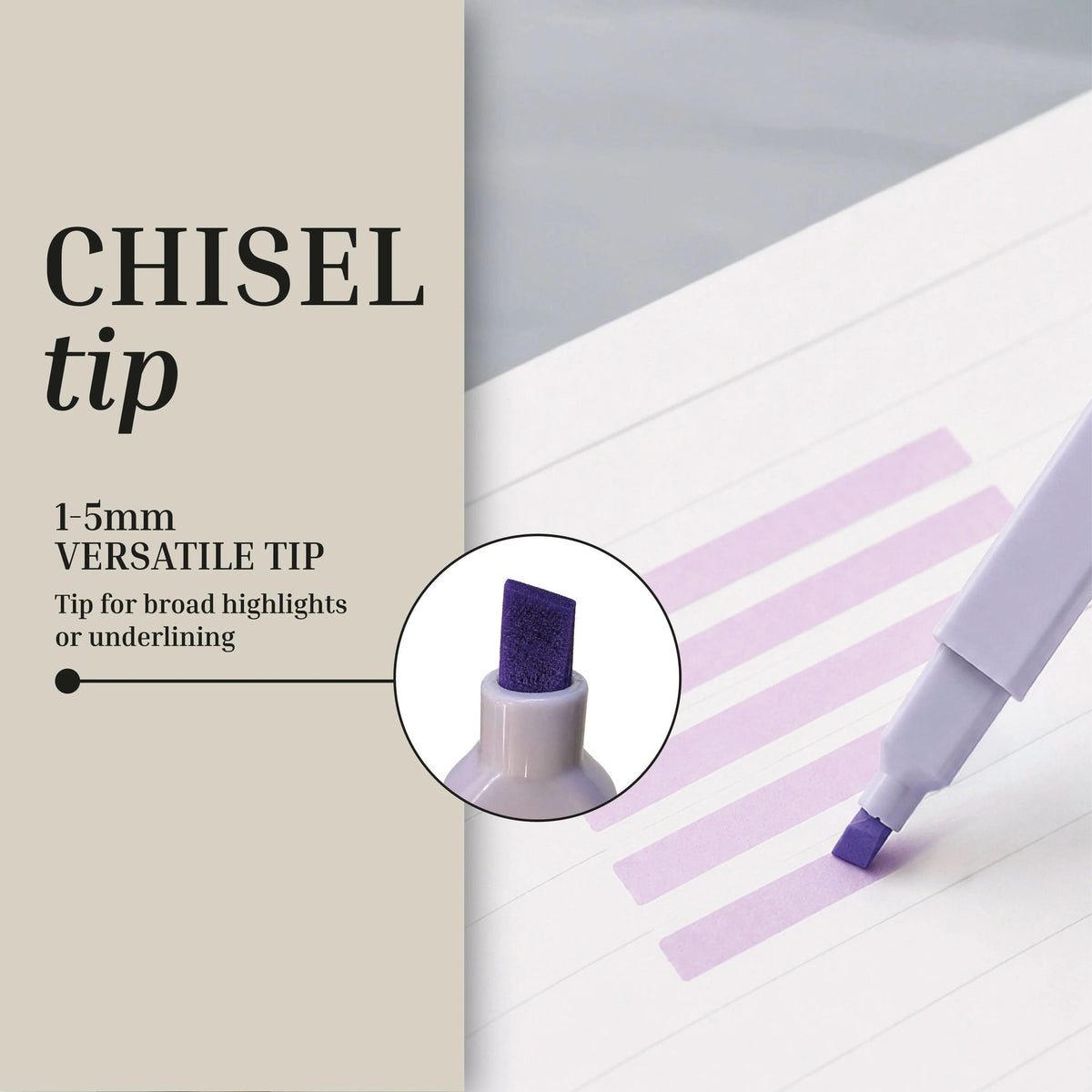 An Eterna Goods purple chisel tip marker draws both broad and narrow lines on paper, showcased in a close-up of its versatile 1–5mm tip for highlights or underlining—making it an ideal addition to the Planning Essentials Kit alongside pastel highlighters or fine-tip pens.