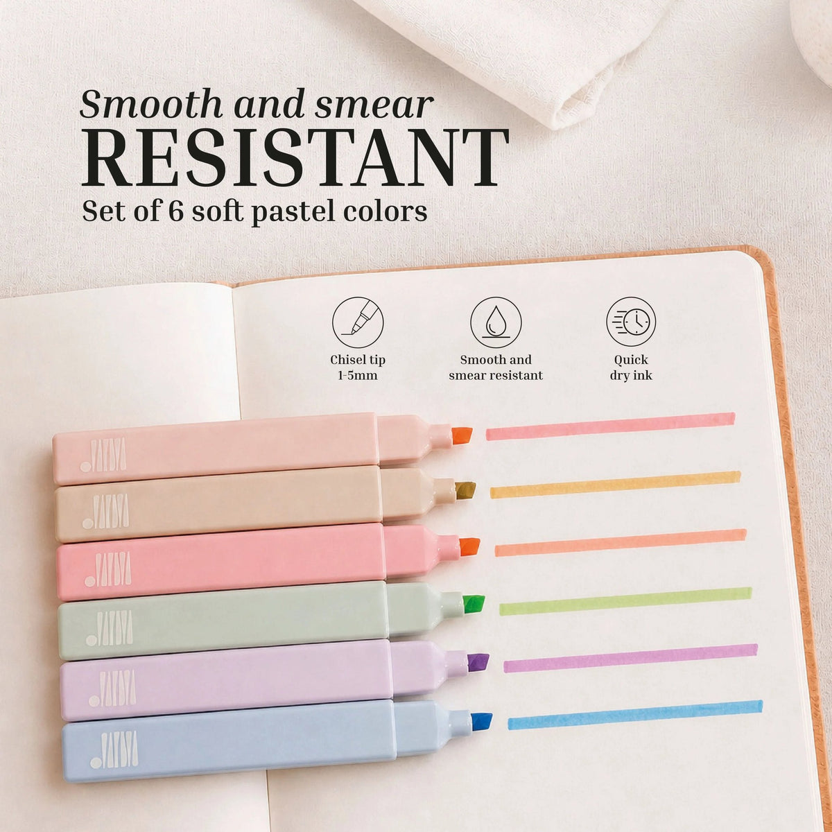 Six chisel tip pastel highlighters from Eterna Goods are arranged beside a notebook displaying coordinating colored lines. These smooth, smear-resistant, and quick-drying highlighters come in a set of six—perfect for your Planning Essentials Kit.