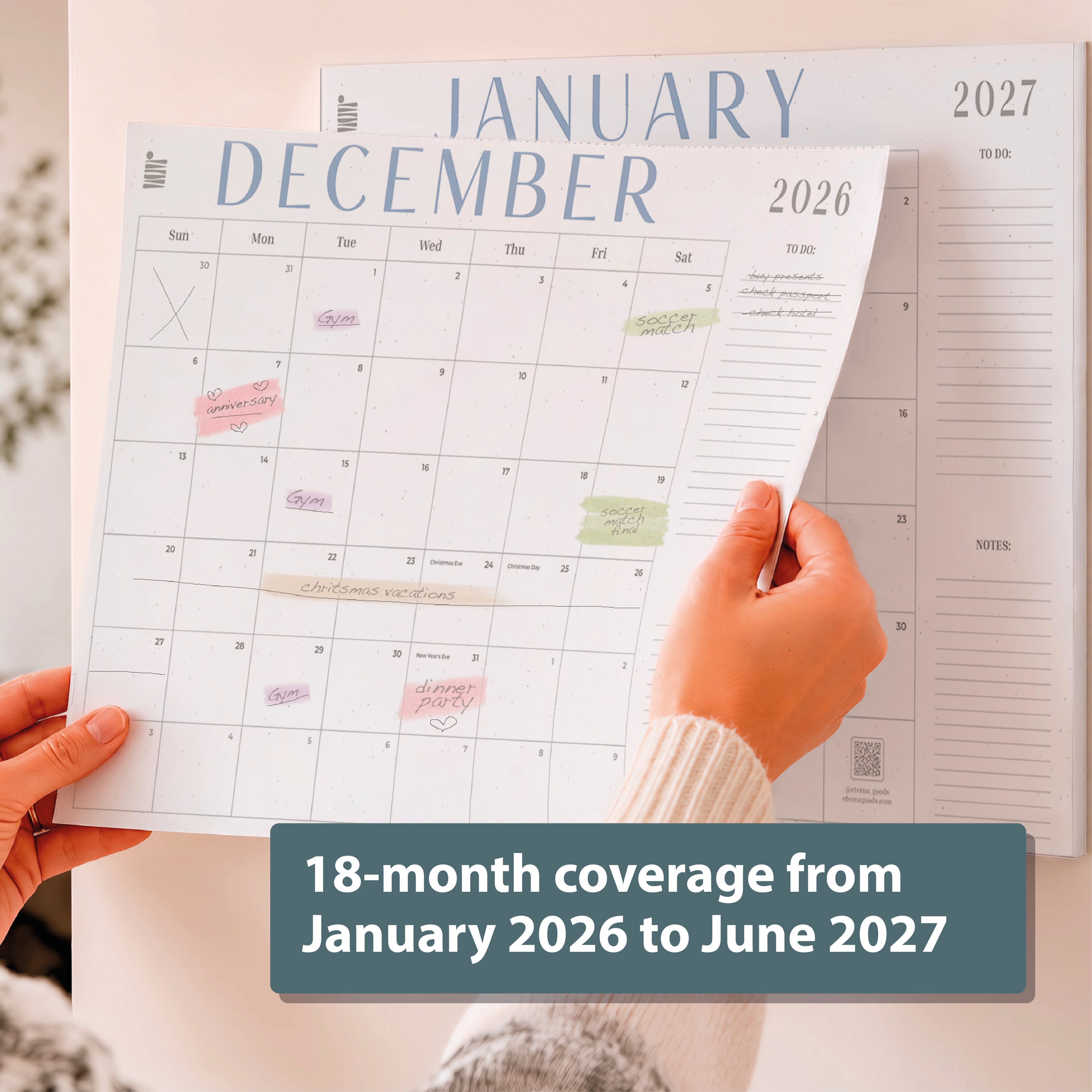 The Eterna Goods 2026-2027 18-Month Flat Desk Calendar (22"x17") spans January 2026 to June 2027, offering ample monthly planning space—ideal for organizing notes and scheduling throughout the year.