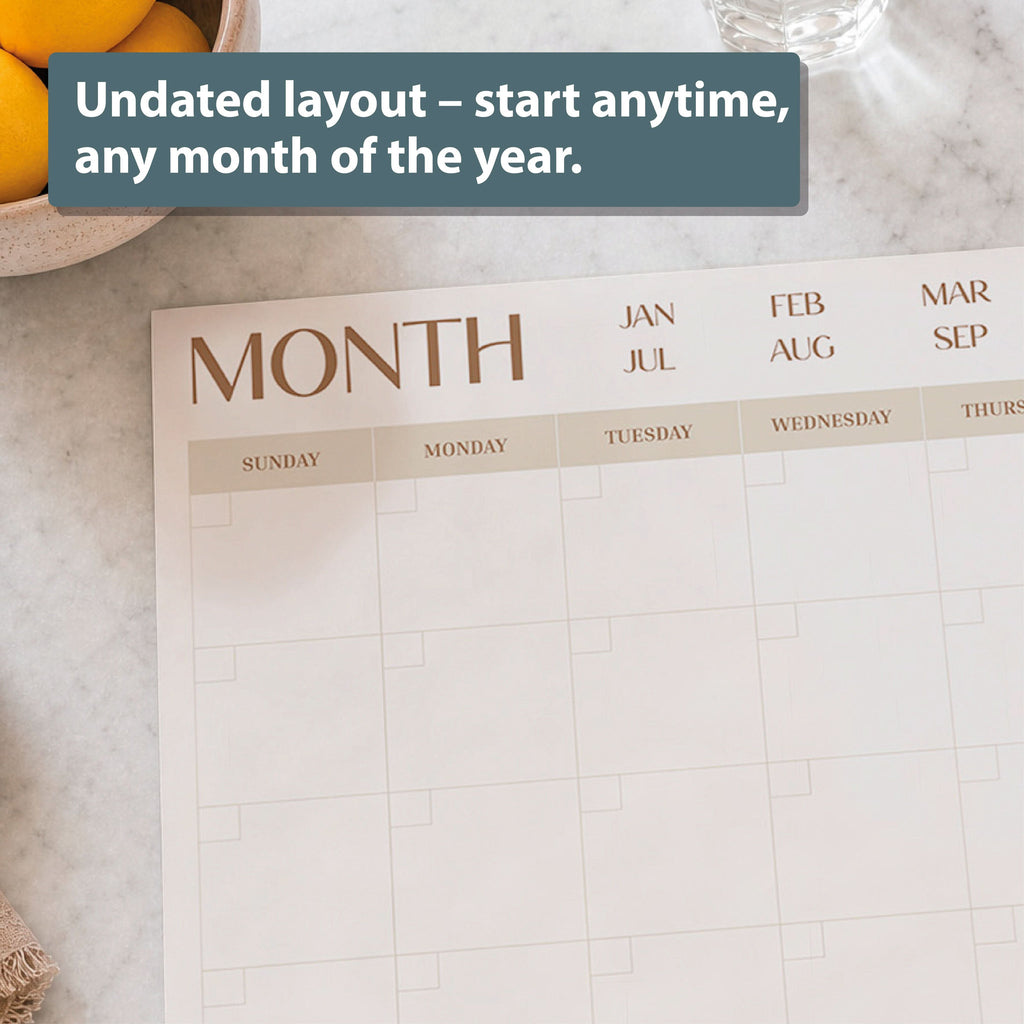 The Eterna Goods Undated 12-Month Flat Desk Calendar (22" x 17") features a spacious layout for easy planning. Start any month of the year—large writing space makes it perfect as your undated monthly planner.