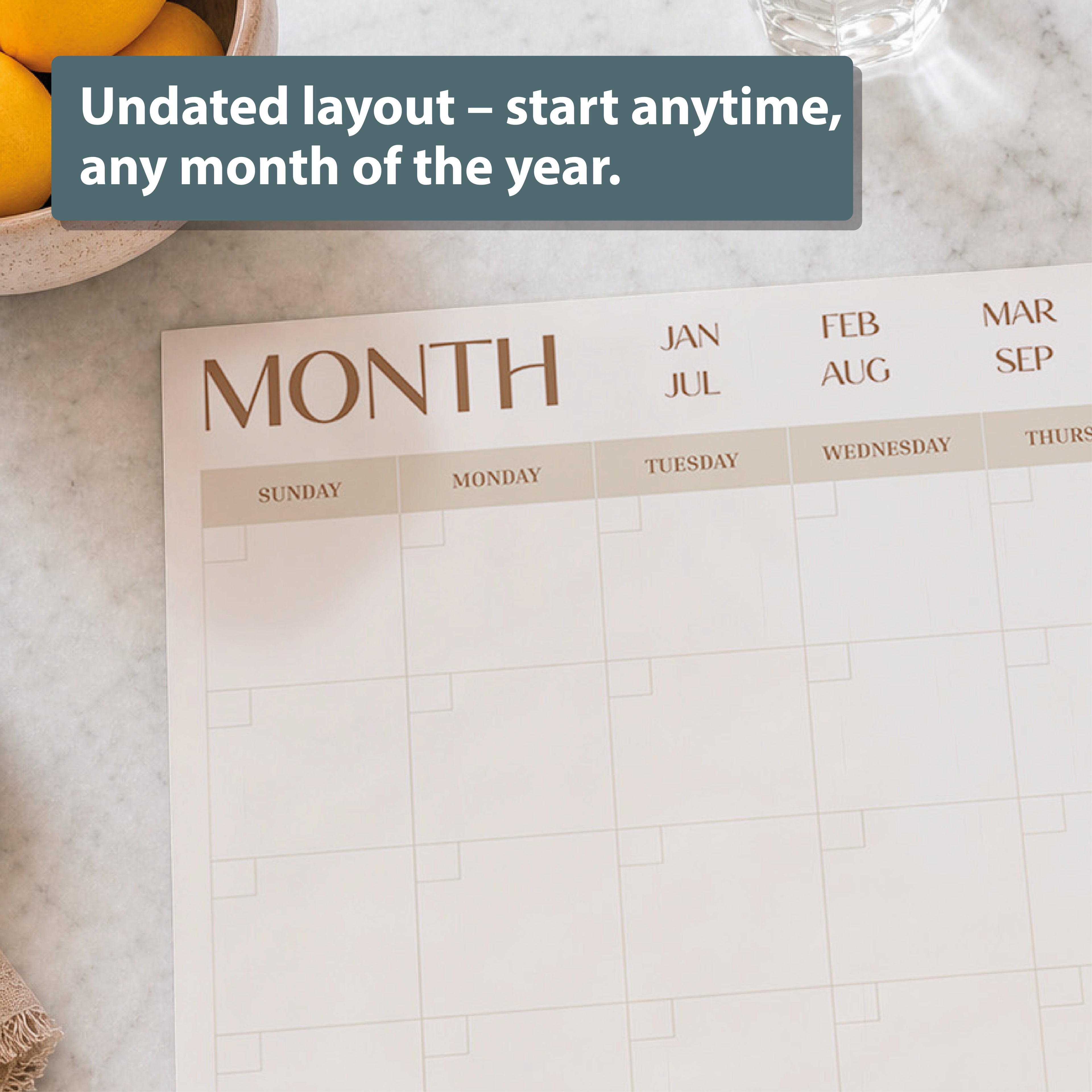 The Eterna Goods Undated 12-Month Flat Desk Calendar (22" x 17") features a spacious layout for easy planning. Start any month of the year—large writing space makes it perfect as your undated monthly planner.