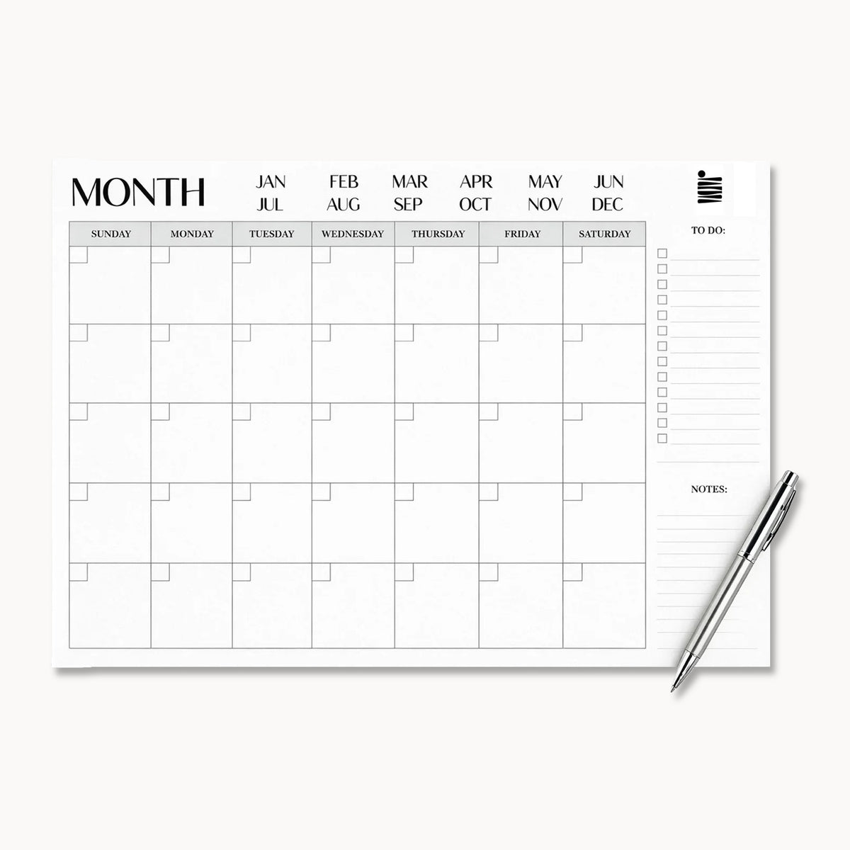 The Monthly Calendar - Printable File by Eterna Goods offers a minimalist design with empty date boxes, labeled weekdays, notes and to-do sections, plus a pen illustration. Ideal for organized planning as a digital download or printable.