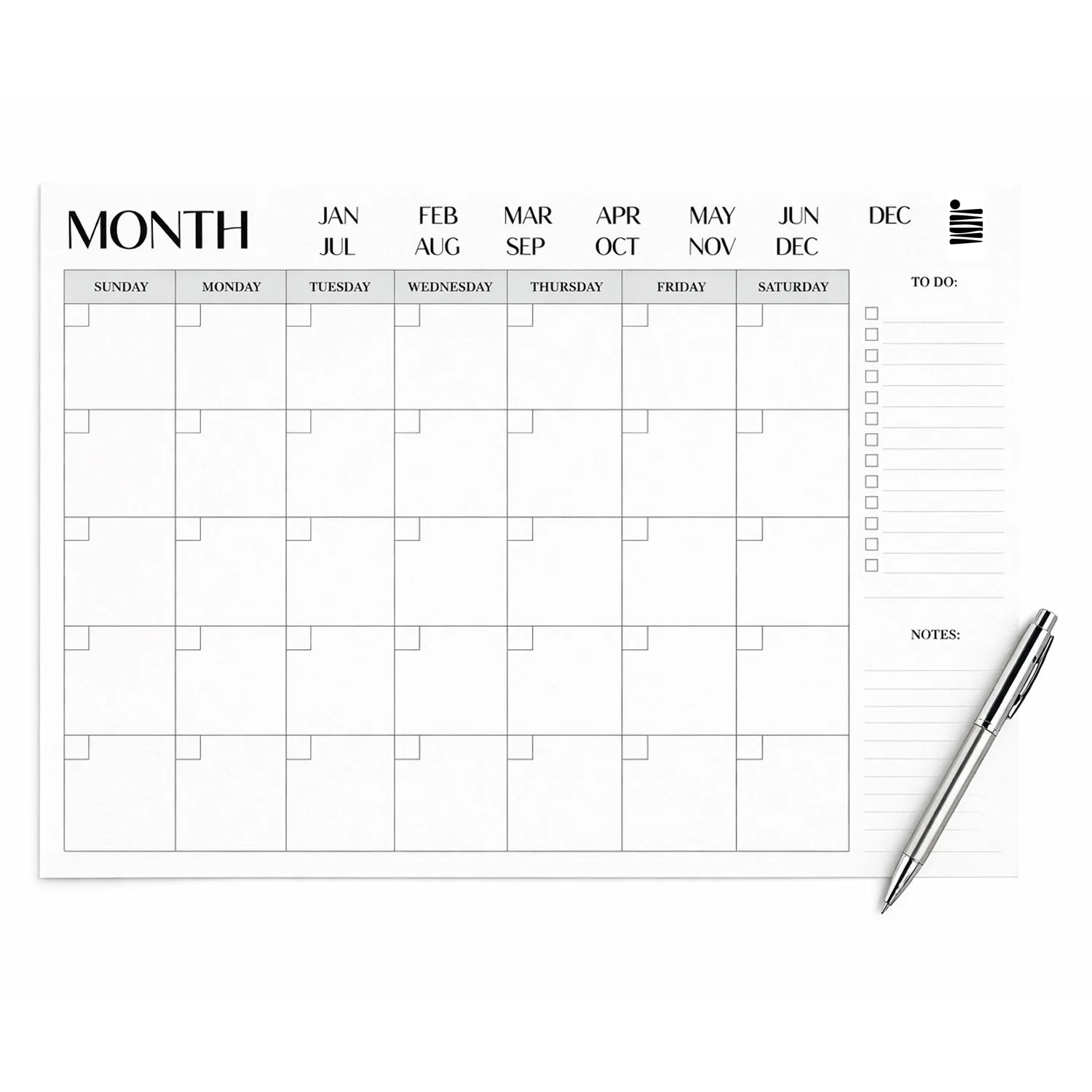 The Eterna Goods Monthly Calendar - Printable Download features blank date boxes, to-do and notes sections, plus a pen detail. Ideal for organized monthly planning as a digital download.