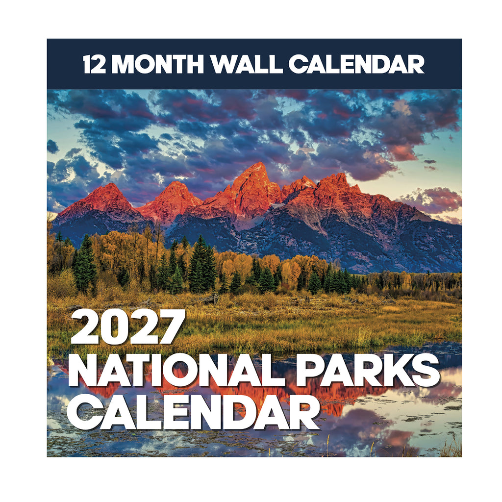 Cover of the 2027 National Parks Wall Calendar by Eterna Goods, showcasing a breathtaking mountain landscape with trees, a tranquil pond, and vivid sunset clouds—an ideal choice for outdoor lovers and fans of beautiful National Park photography.