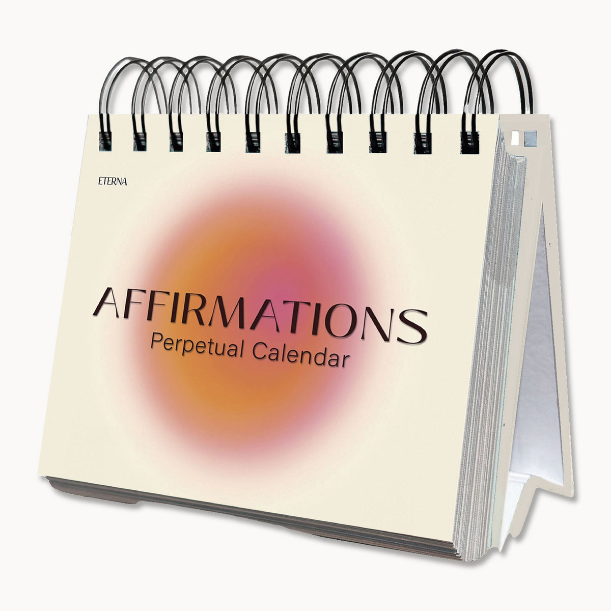 Introducing the "Perpetual Affirmations Calendar" by Eterna Goods—a spiral-bound, stand-up calendar featuring a soft gradient circle design on the cover, perfect for daily inspiration and nurturing a positive mindset.