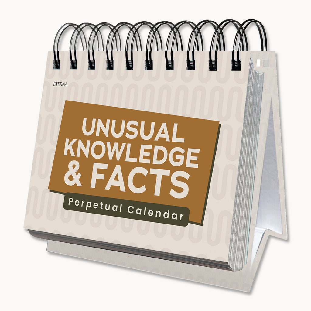 The Perpetual Unusual Knowledge & Facts Perpetual Calendar from Eterna Goods features a beige and brown spiral-bound cover and stands upright, making it the ideal desk calendar and trivia gift for anyone with an endless curiosity.