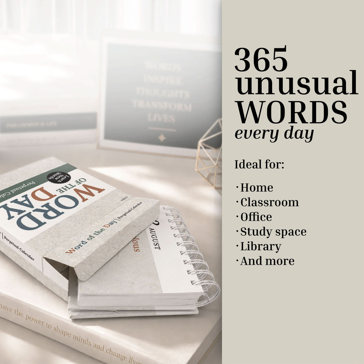 The Eterna Goods Perpetual Word of the Day Calendar, a spiral-bound vocabulary builder, sits on a desk near a framed quote. Perfect for your home, classroom, office, study space, or library, this calendar from Eterna Goods provides inspiration and learning throughout the year.