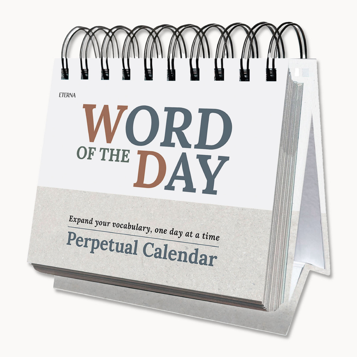 The Eterna Goods Perpetual Word of the Day Calendar is a spiral-bound vocabulary builder that stands upright, helping you expand your language skills daily.