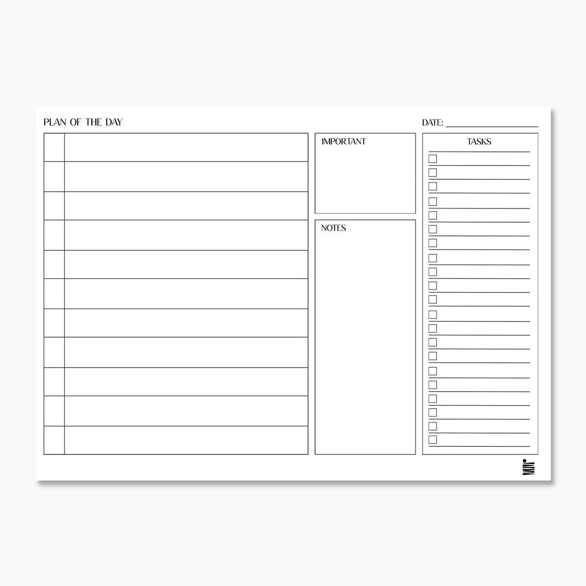 The "Plan Of The Day" printable by Eterna Goods is a free planner with a blank daily sheet, sections for your schedule, important items, notes, date, and a convenient checklist—perfect for organizing each day.