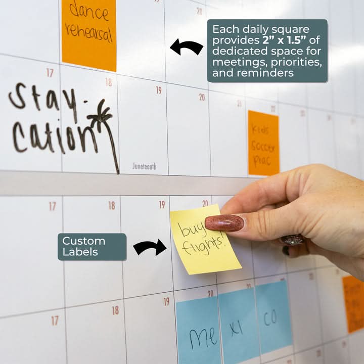 A hand places a sticky note labeled “buy flights” on the Own The Year Calendar by Eterna Goods—a giant dry erase wall calendar featuring undated squares with visible events and custom labels, making it the perfect academic wall planner.