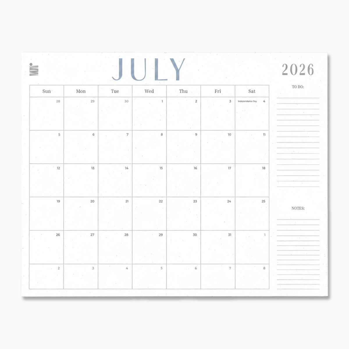 The Eterna Goods 2026-2027 18-Month Flat Desk Calendar (22"x17") features a blank July 2026 page with large note space and a right-side to-do list on a plain white background, perfect for desk use or monthly planning.