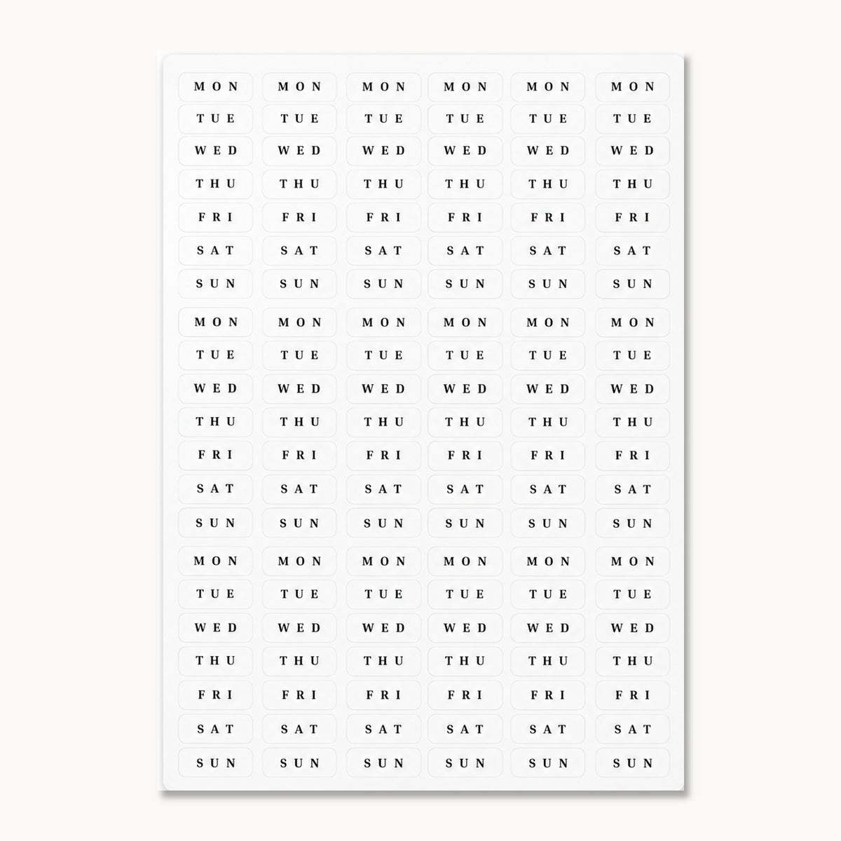 Weekday Sticker Sheet with rows of small MON–SUN day-of-week labels