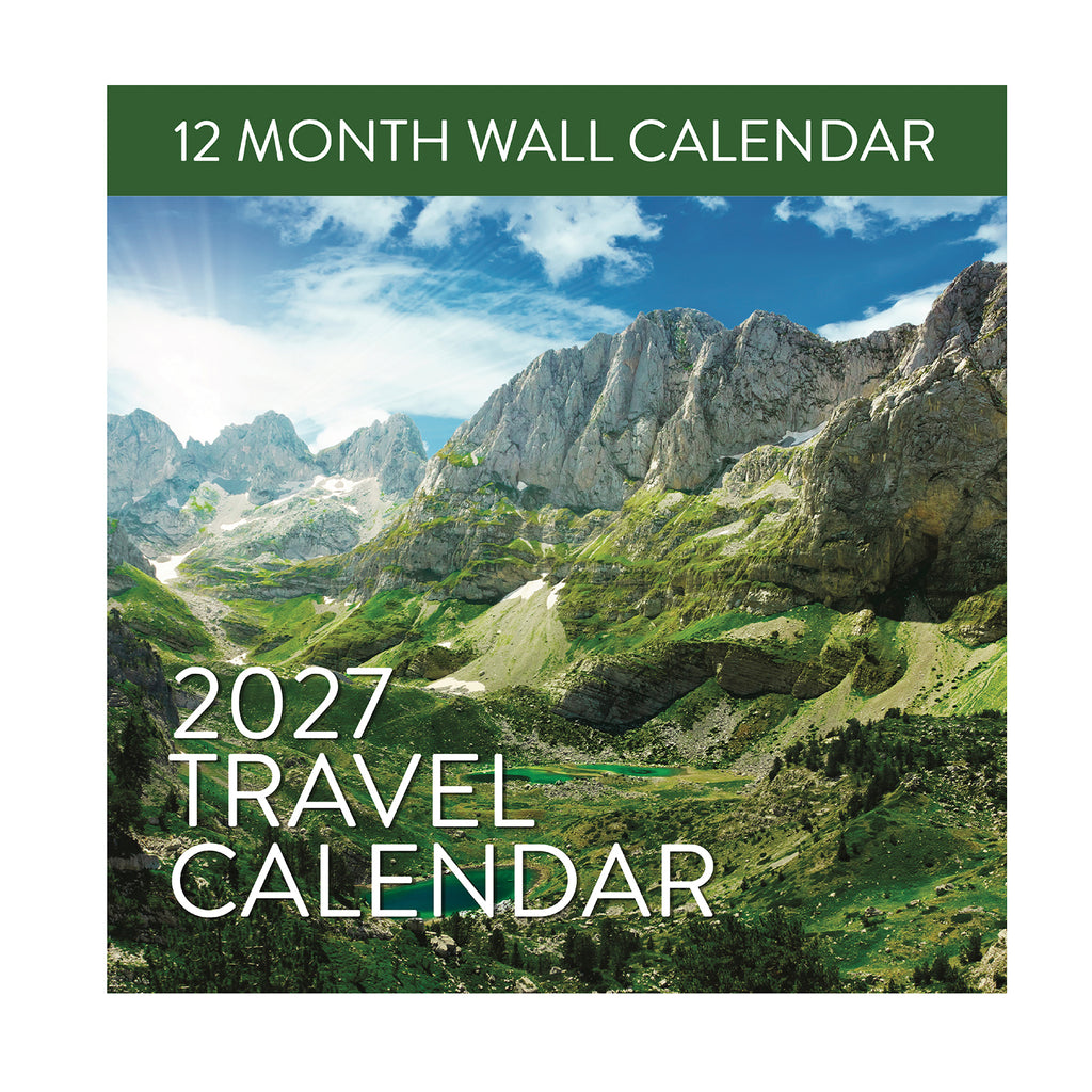 The cover of the Eterna Goods 2027 Travel Inspiration Wall Calendar showcases a breathtaking mountain landscape beneath a clear blue sky, with "12 Month Wall Calendar" prominently displayed at the top.