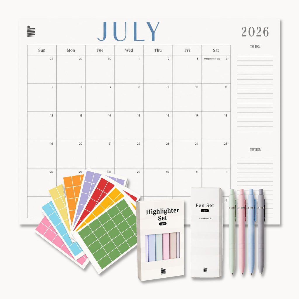 Ultimate 2026-2027 Dated 18-Month Flat Desk Calendar Bundle by Eterna Goods: 22 x 17 in flat desk calendar with Planning Block Stickers, 6-piece Highlighter Set and 4-pen Extra Fine Ball Point Pen Set