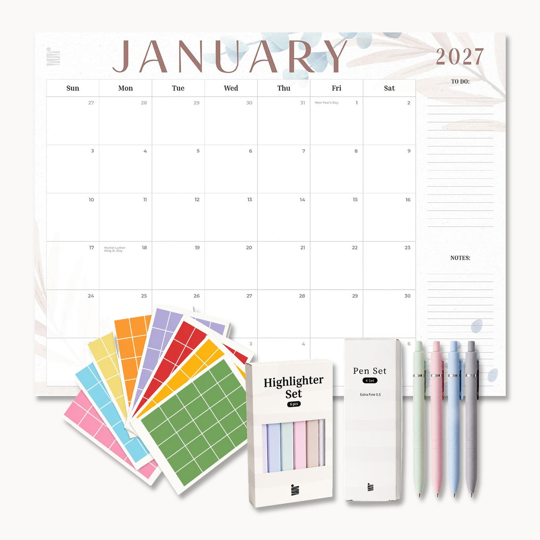 Ultimate 2027 Dated Floral 12-Month Flat Desk Calendar Bundle by Eterna Goods: floral 22 x 17 in flat desk calendar with Planning Block Stickers, 6-piece Highlighter Set and 4-pen Extra Fine Ball Point Pen Set