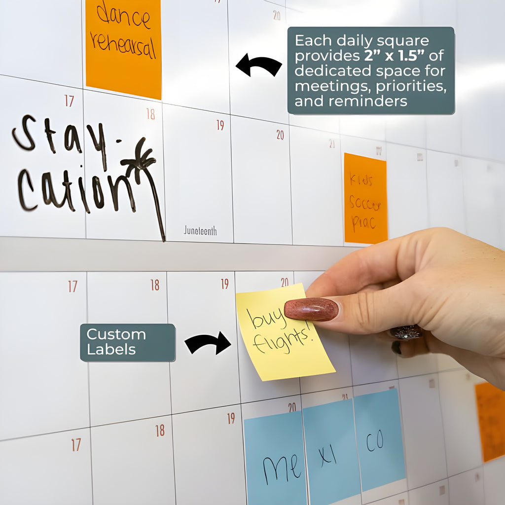 A hand places a sticky note on the Own The Year Giant Dry Erase Calendar - Monster from Eterna Goods, showcasing its spacious square layout and the ability to add custom labels for notes and reminders.